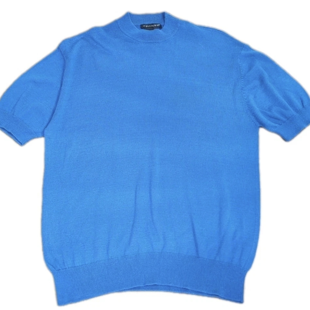Tulliano Silk Shirt Blue Round Collar Short Sleeve Fitted Top Women's Medium